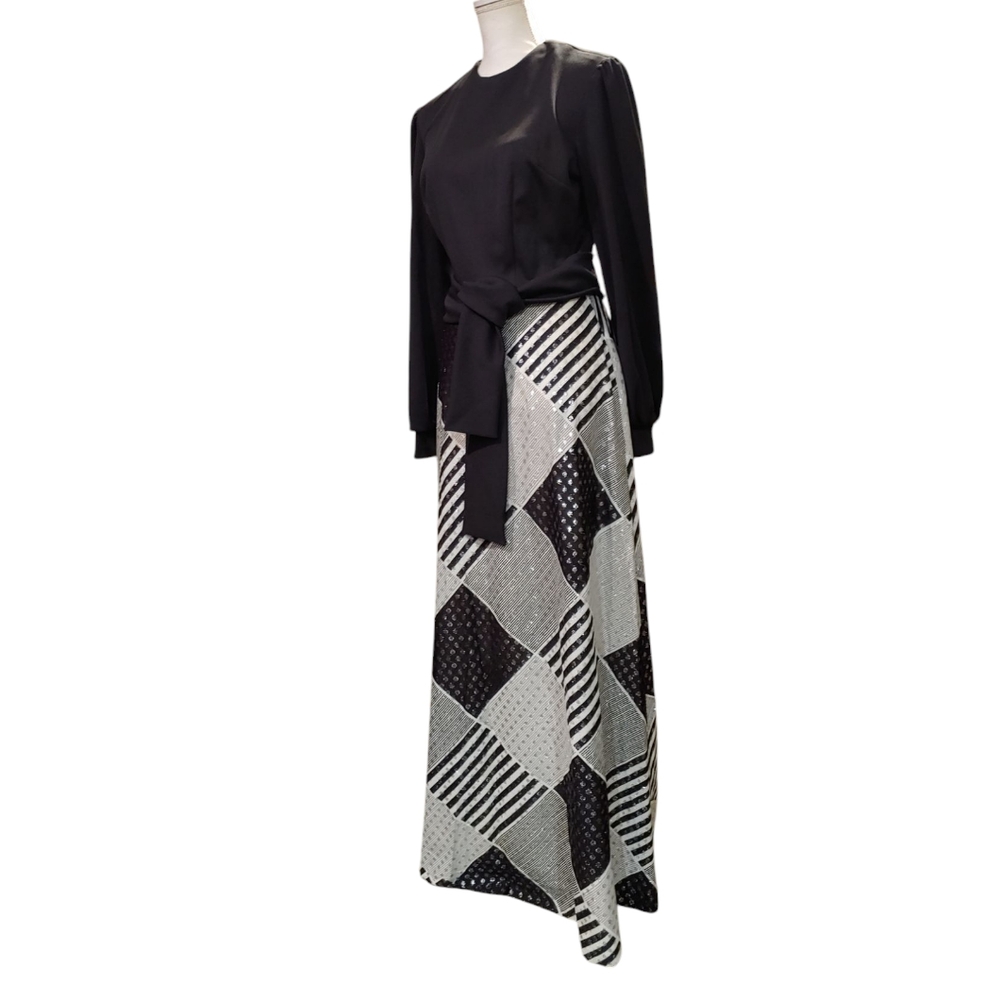 NWT Vintage Marta'D Maxi Dress  Black Top Skirt Sparkles Black Sash Belt Sz14